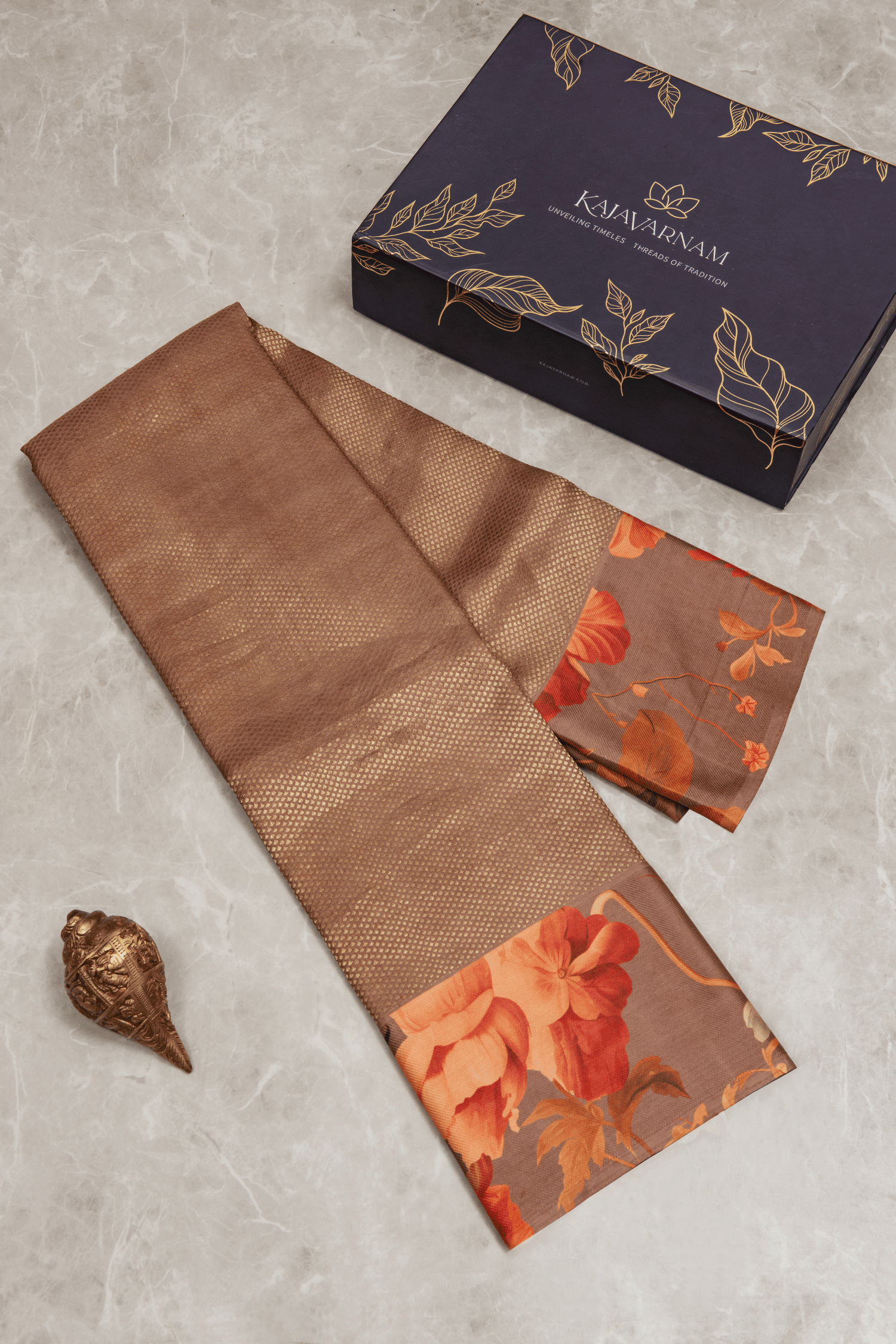 Kanchipuram Brocade Brown Digital Print Border Saree