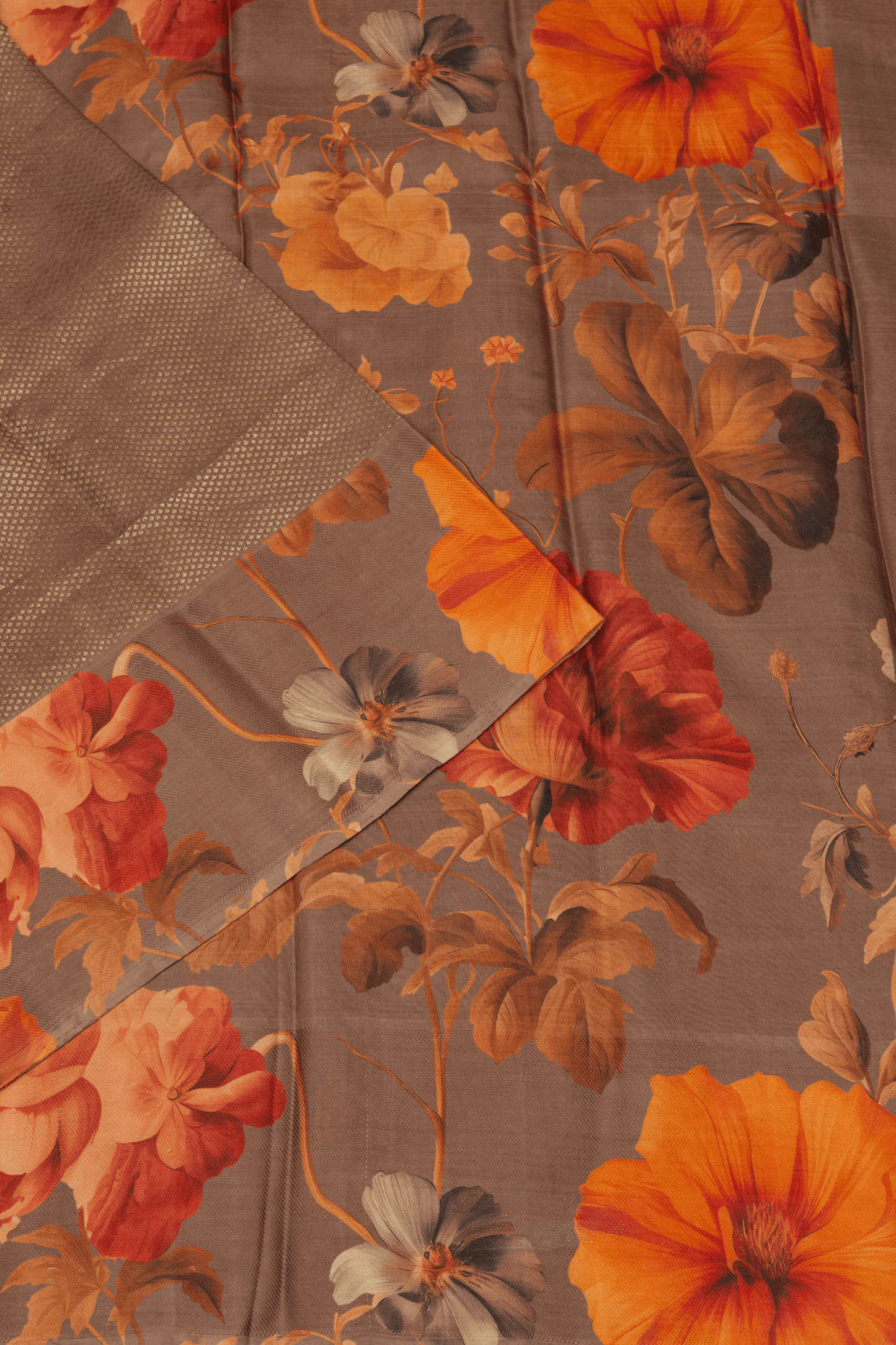 Kanchipuram Brocade Brown Digital Print Border Saree