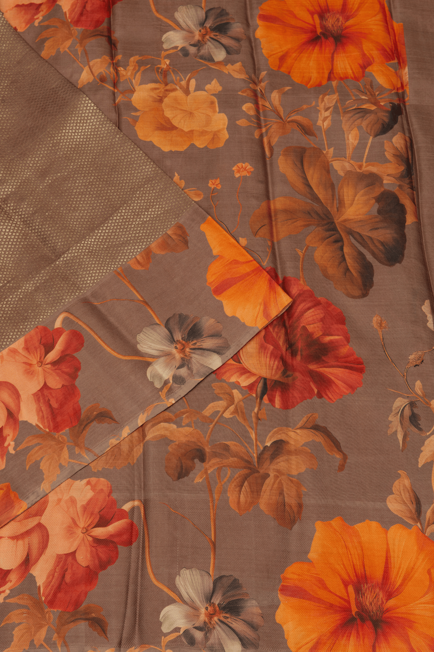 Kanchipuram Brocade Brown Digital Print Border Saree