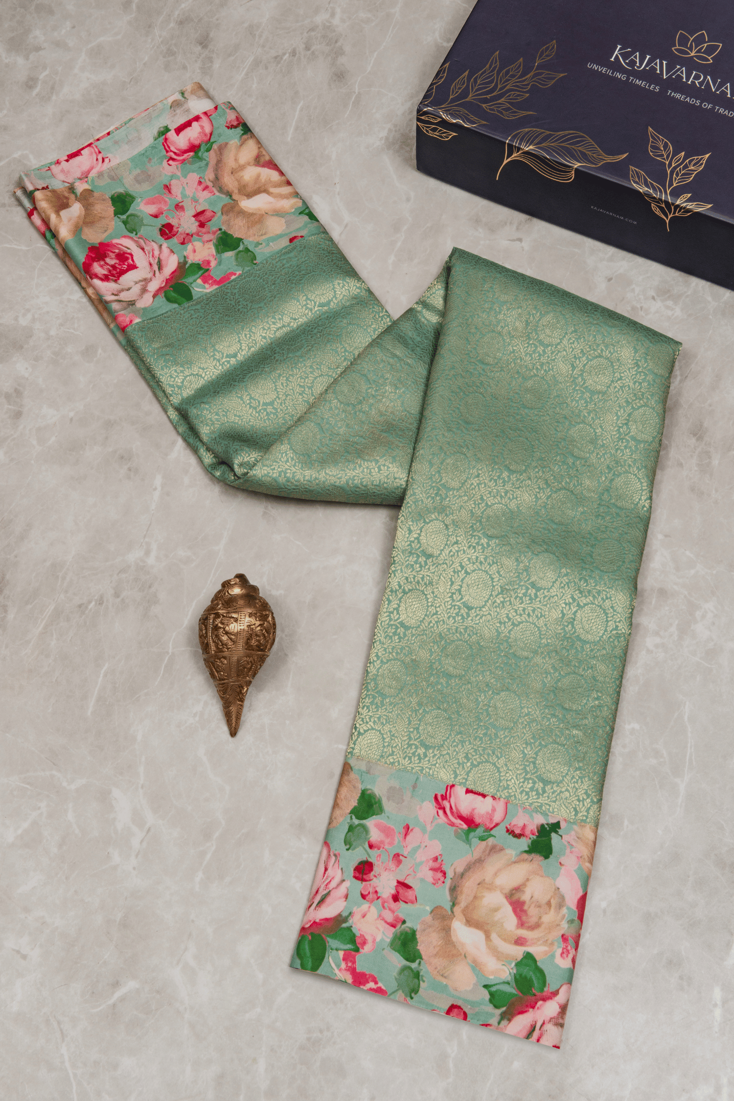 Kanchipuram Brocade Mint Green Digital Print Border Saree
