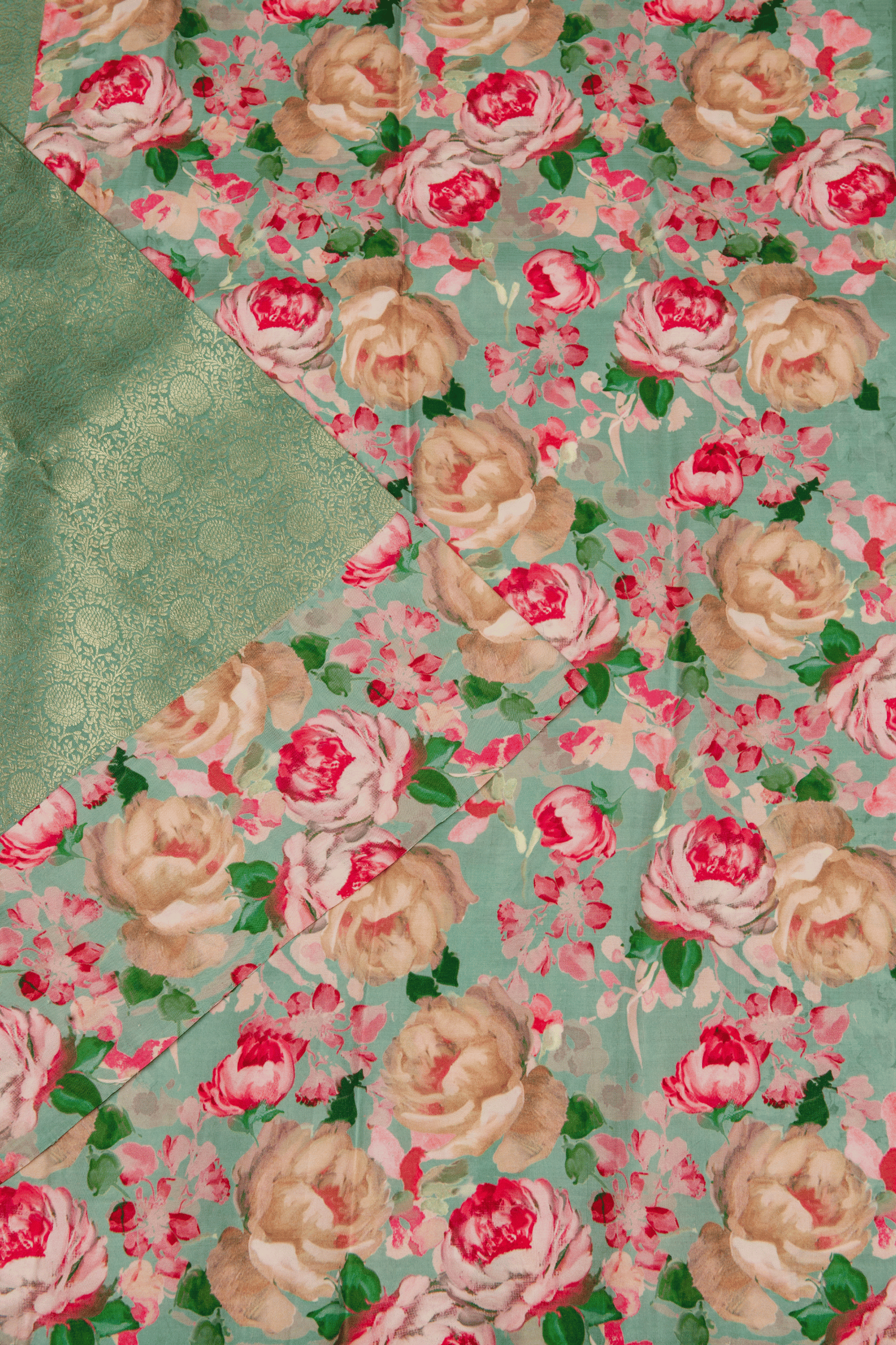 Kanchipuram Brocade Mint Green Digital Print Border Saree