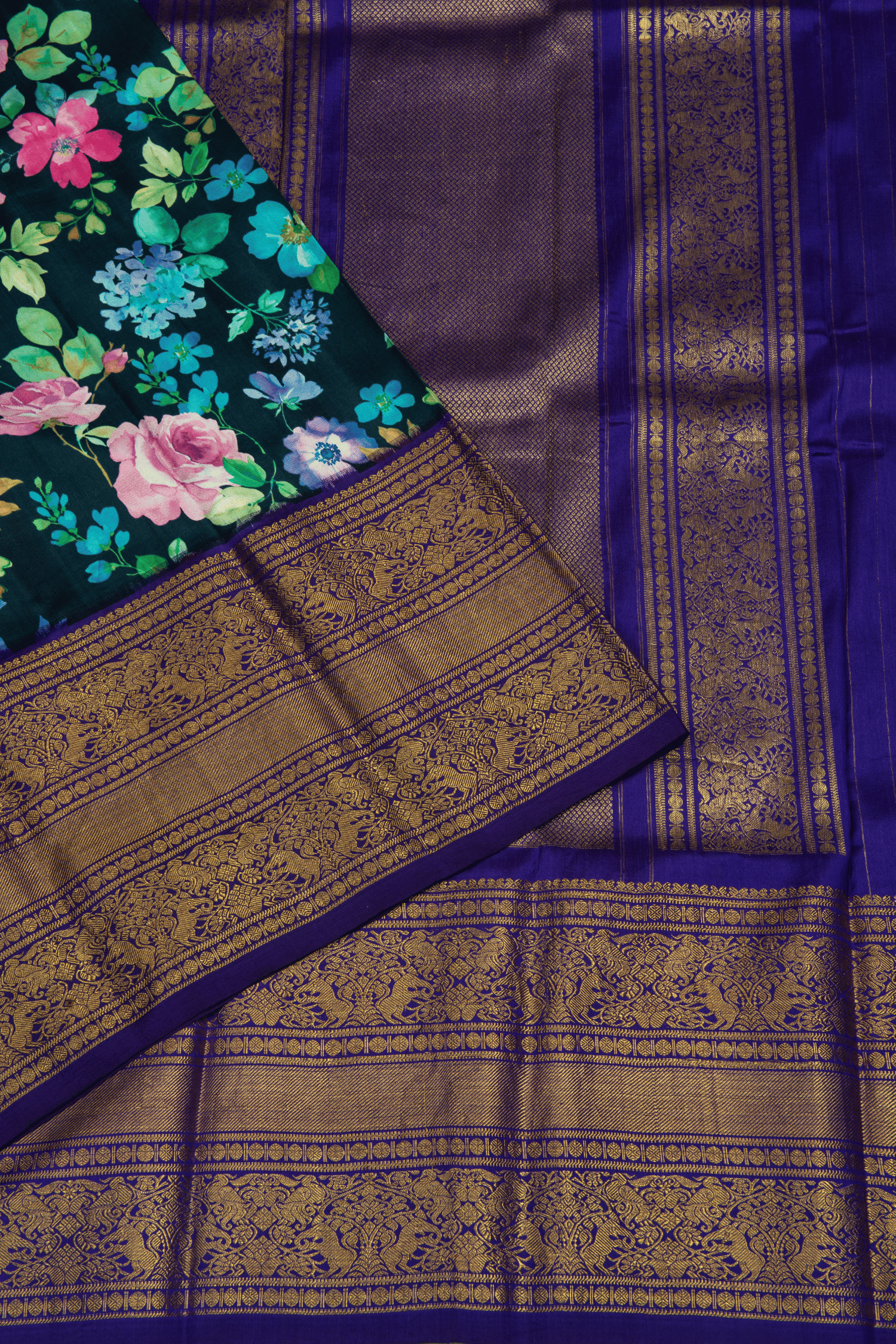 Kanchipuram Navy Blue Digital Print Saree