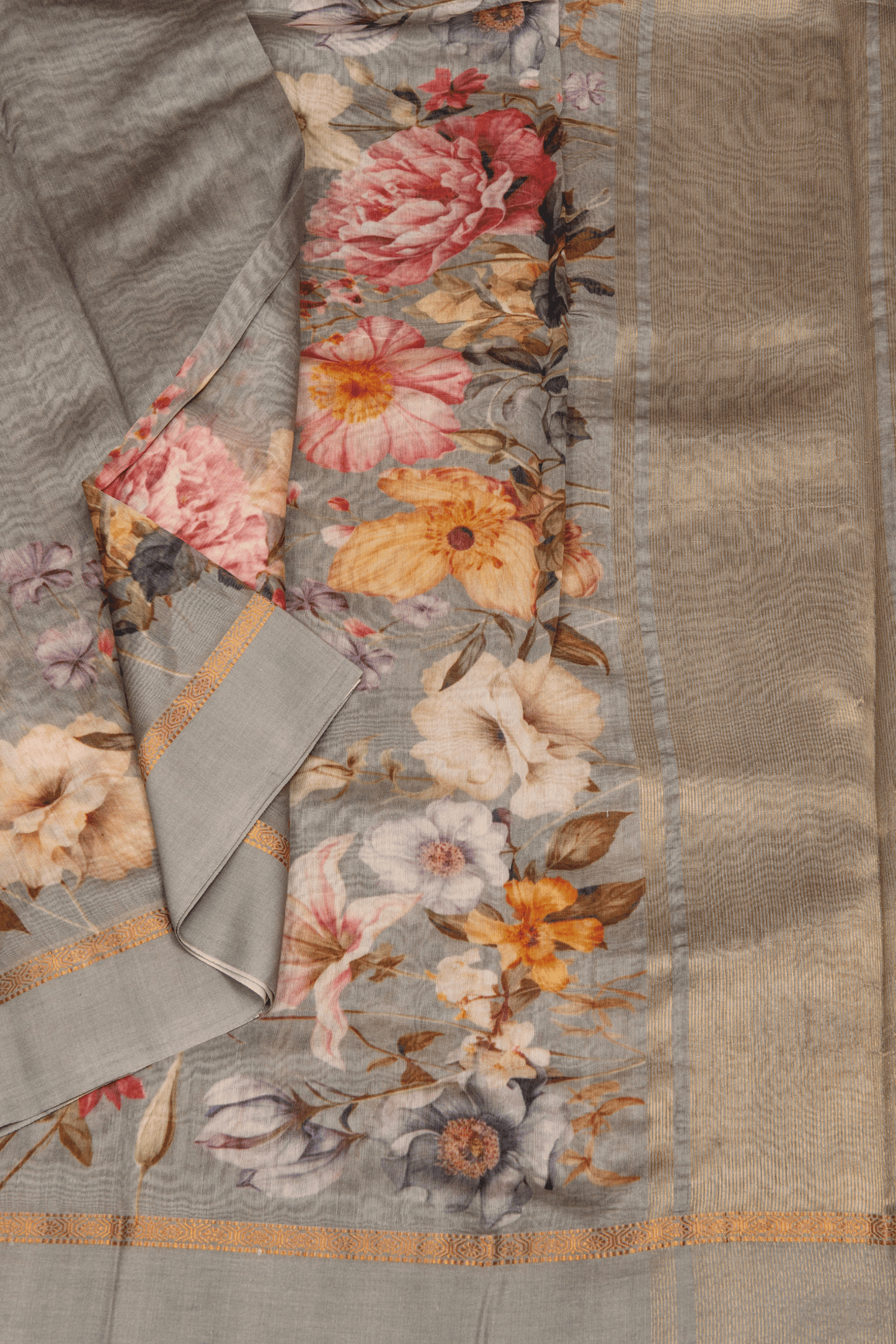 Chanderi Cotton Grey Saree with Digital Print