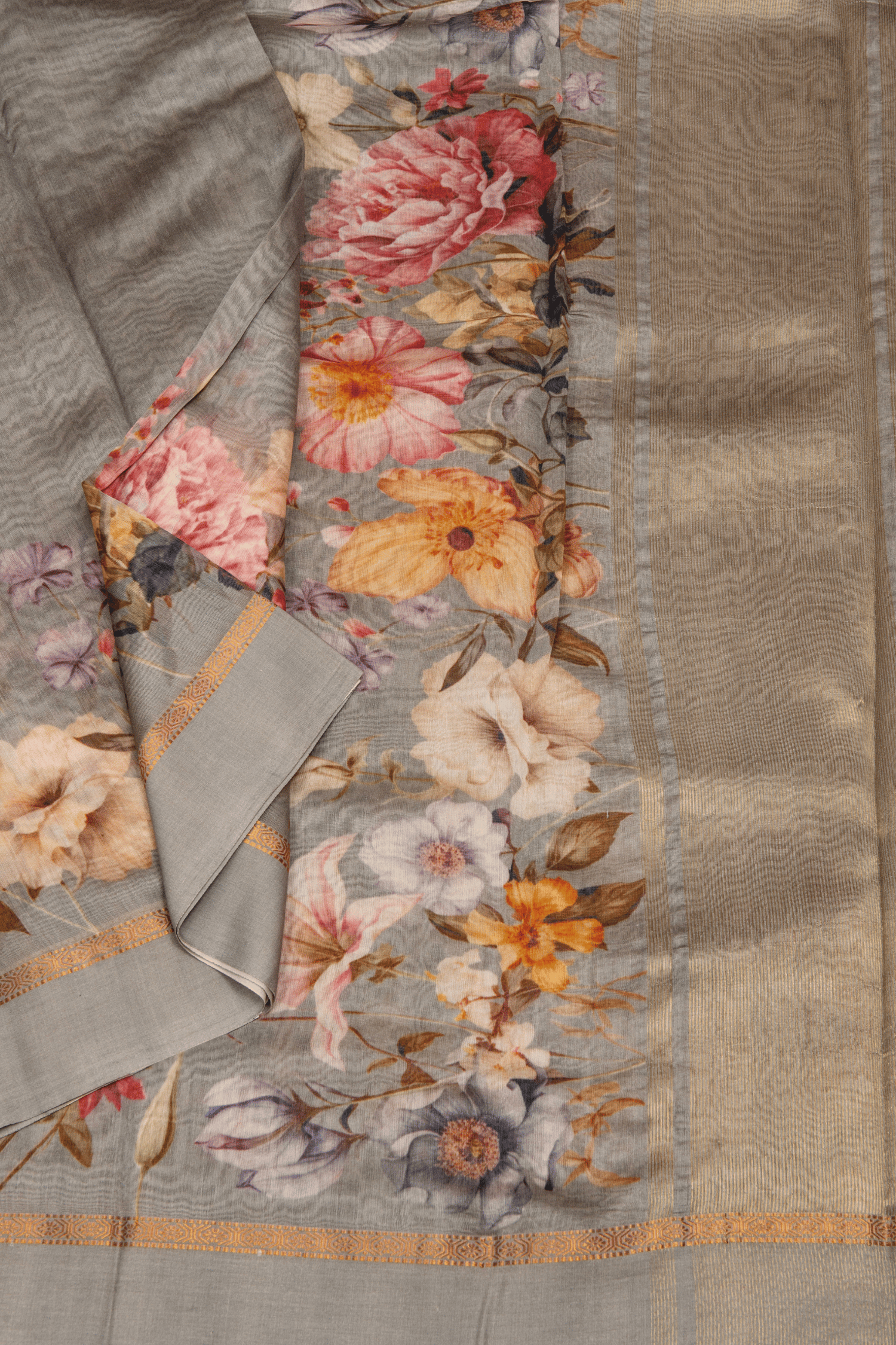 Chanderi Cotton Grey Saree with Digital Print
