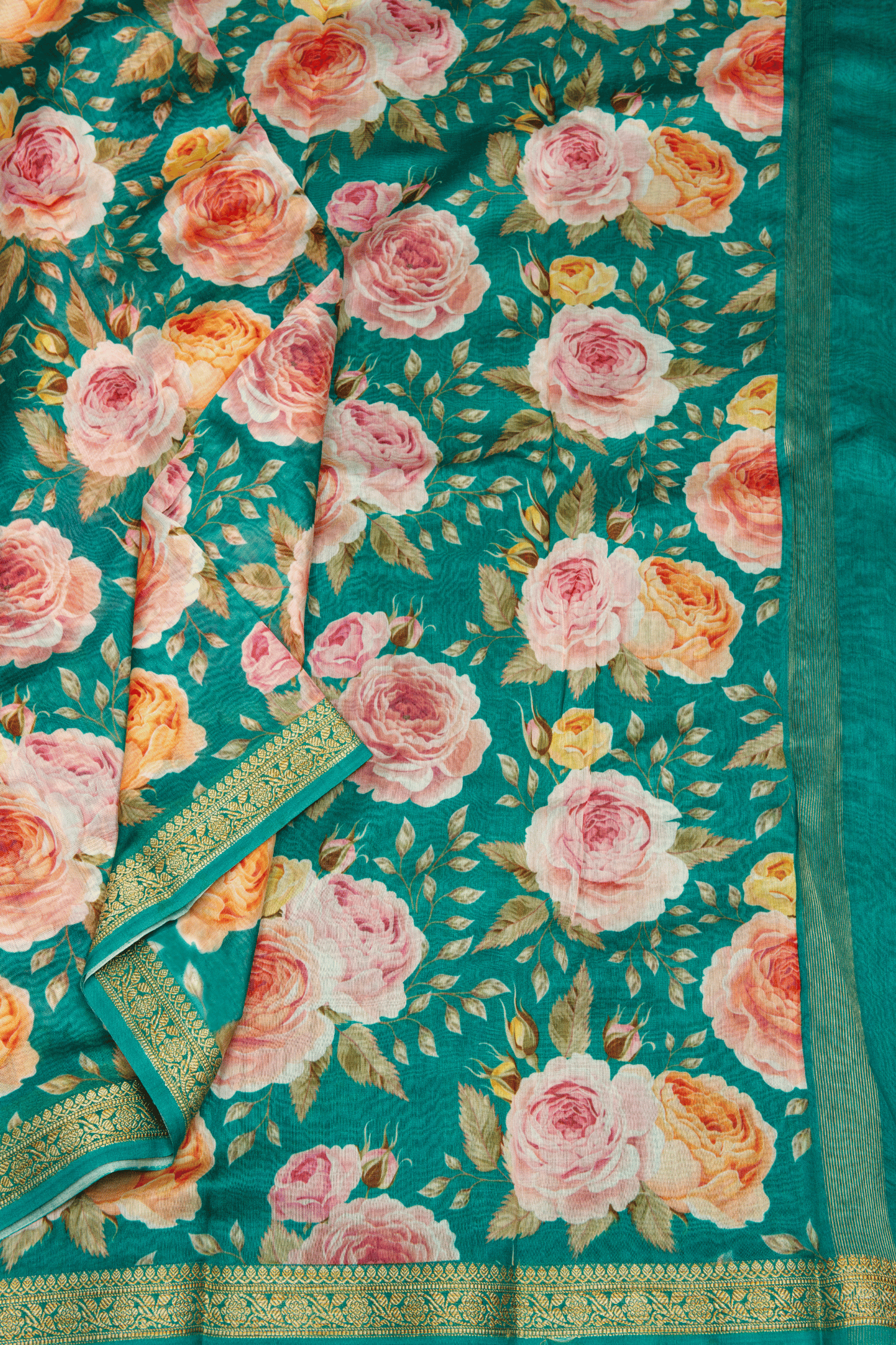 Chanderi Cotton Green Saree with Digital Print