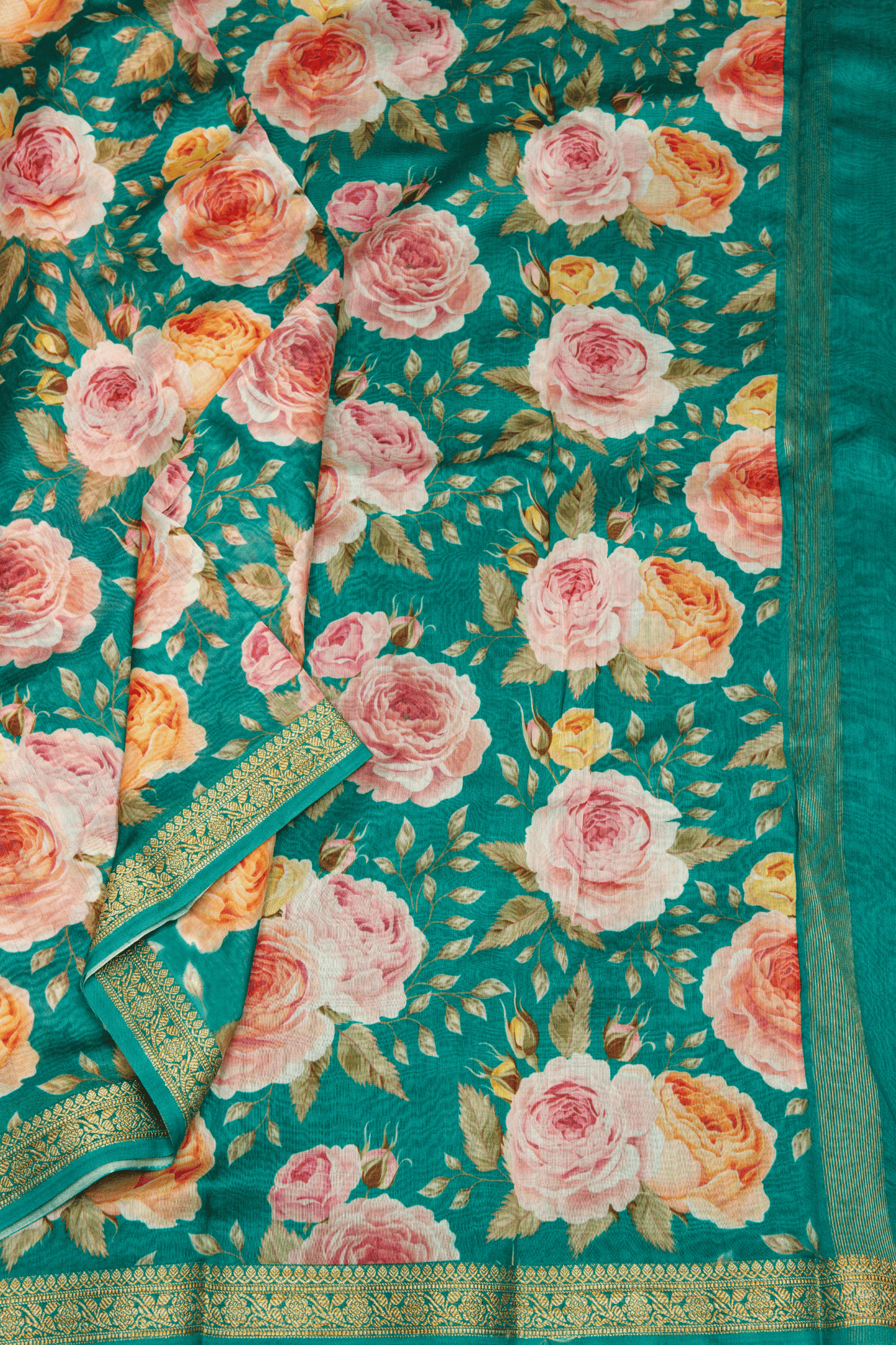 Chanderi Cotton Green Saree with Digital Print