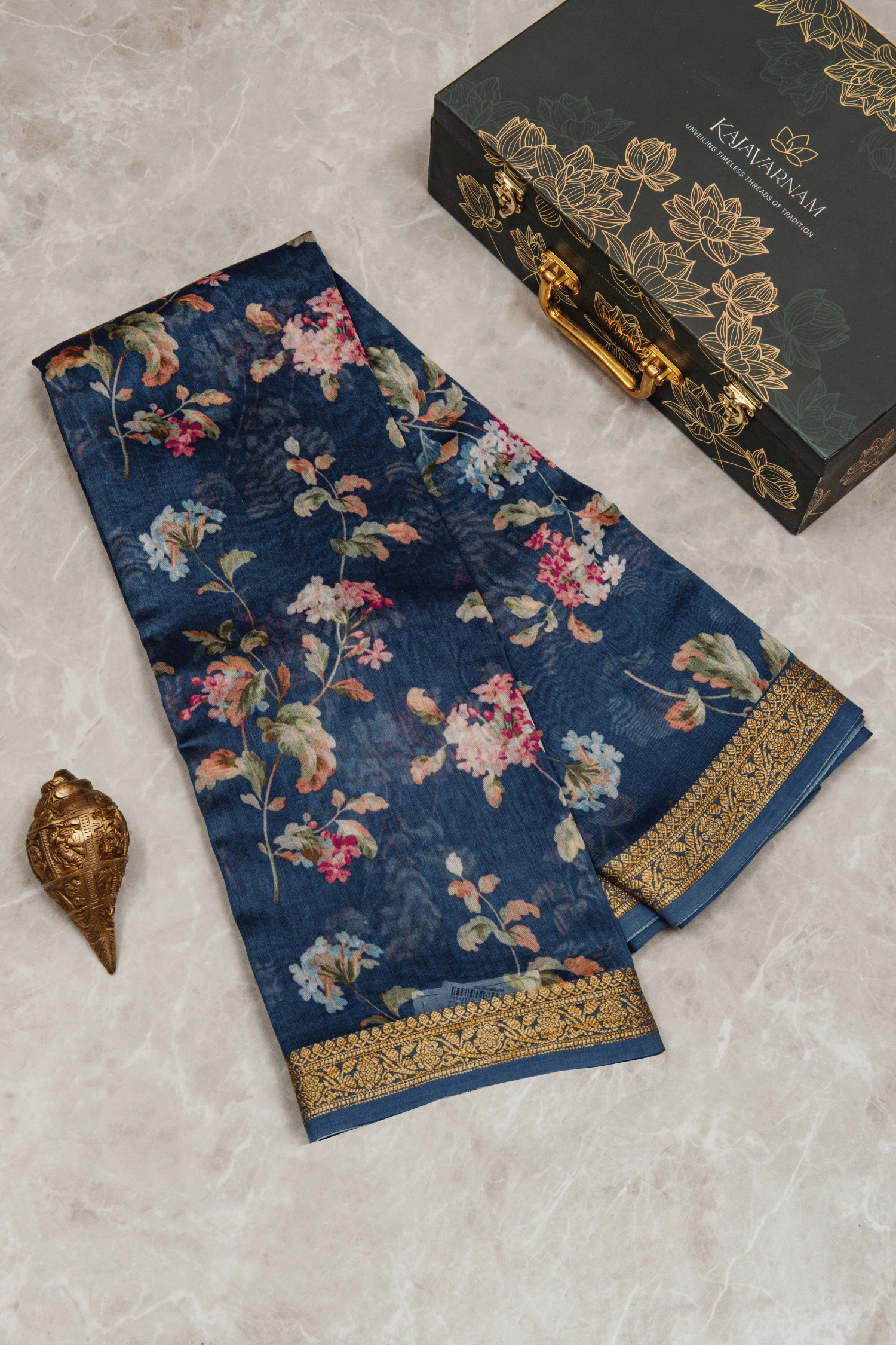 Chanderi Cotton Dark Blue Saree With Digital Print