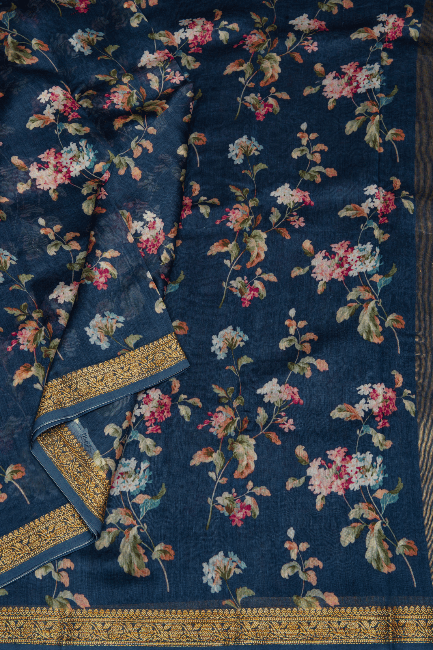 Chanderi Cotton Dark Blue Saree With Digital Print