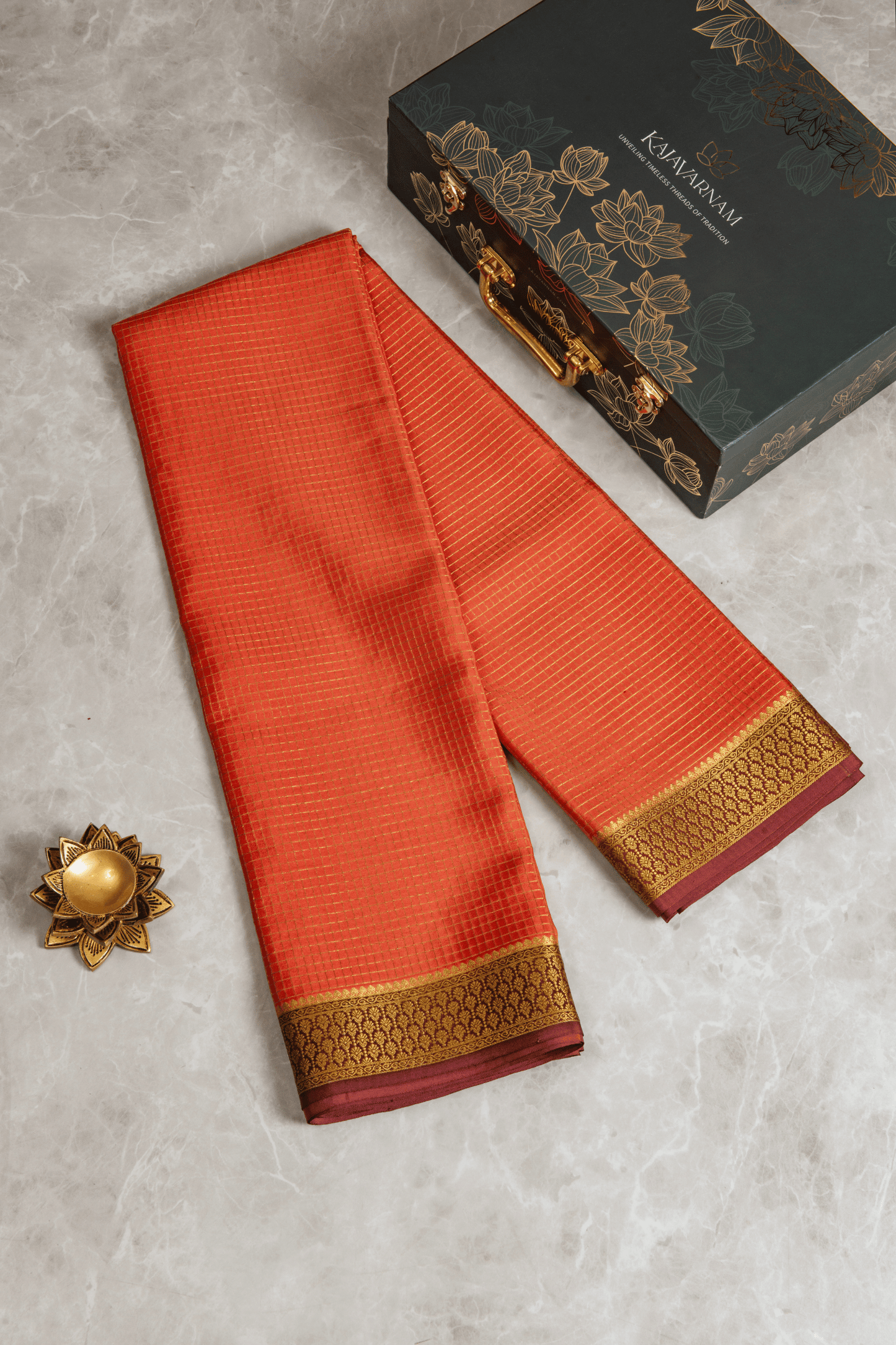 Crepe Silk Orange Checks Saree