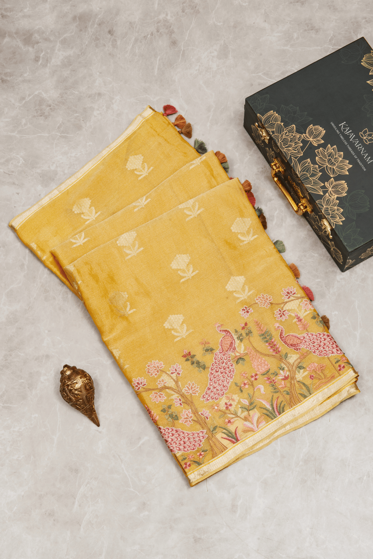 Crepe Tissue fusion Yellow Saree with Parsi Gara Embroidery