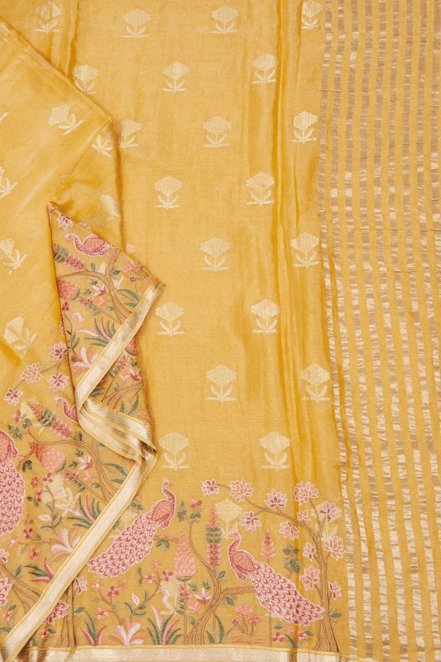 Crepe Tissue fusion Yellow Saree with Parsi Gara Embroidery