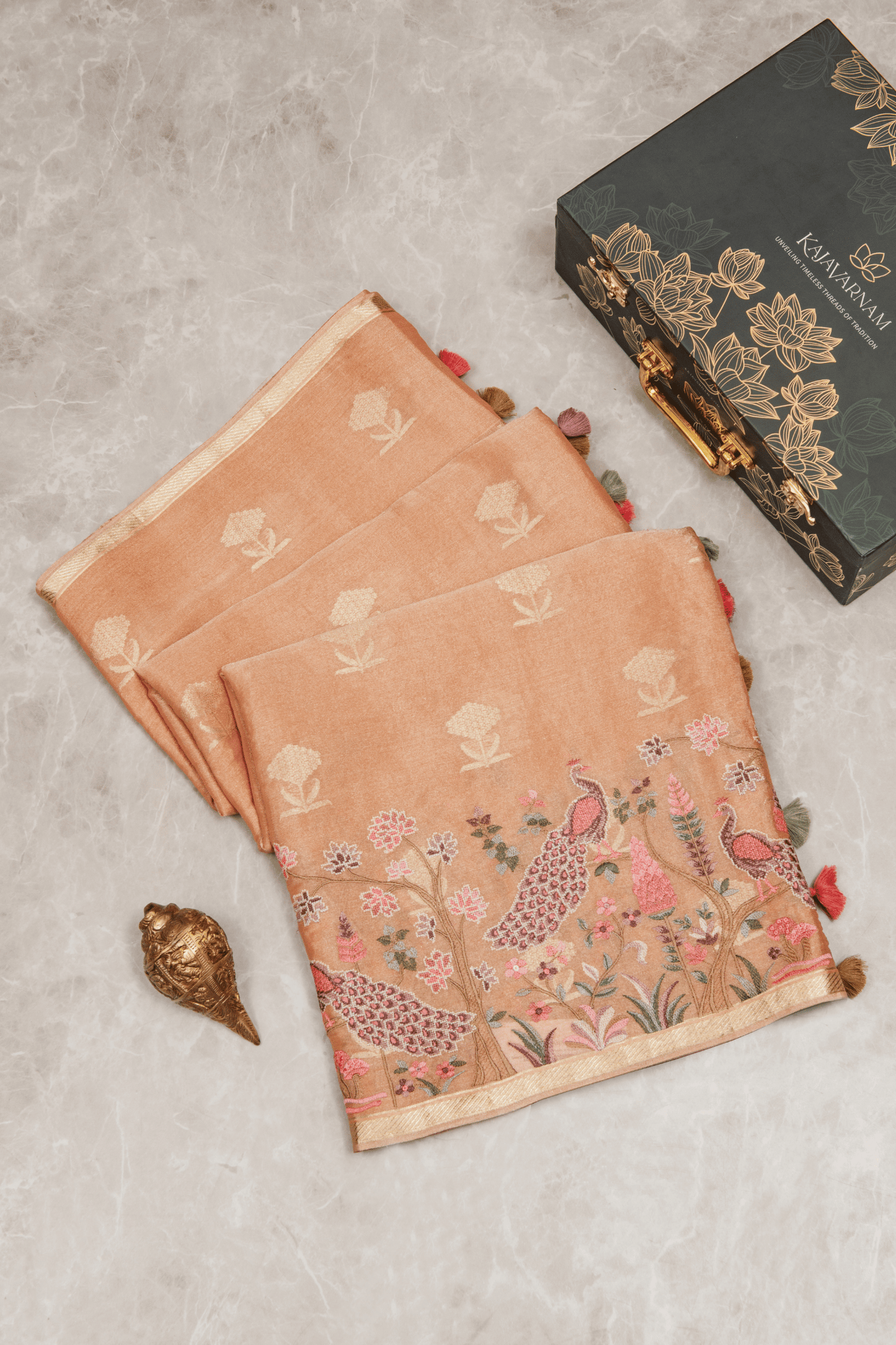 Crepe Tissue fusion Peach Saree with Parsi Gara Embroidery