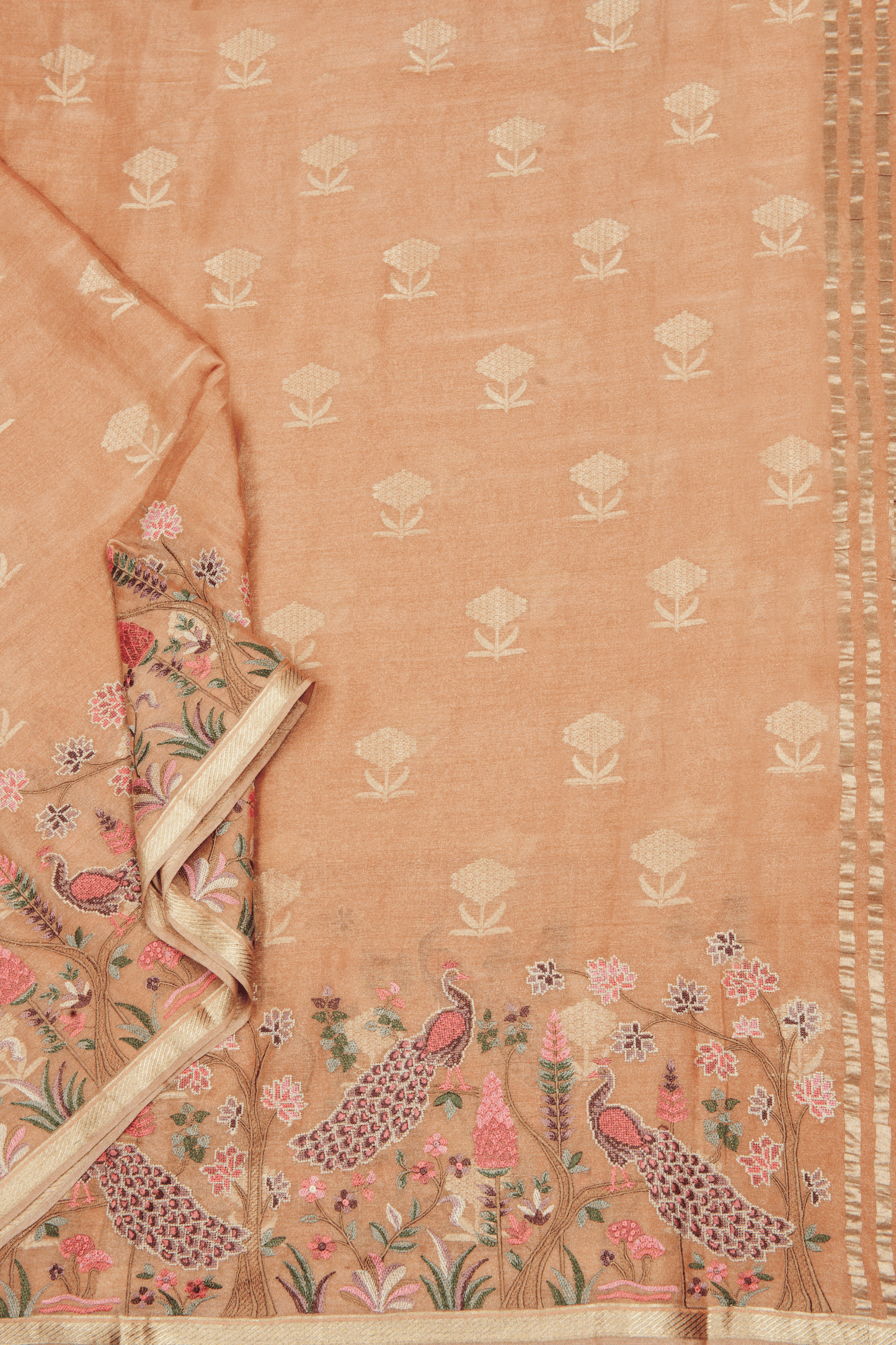 Crepe Tissue fusion Peach Saree with Parsi Gara Embroidery